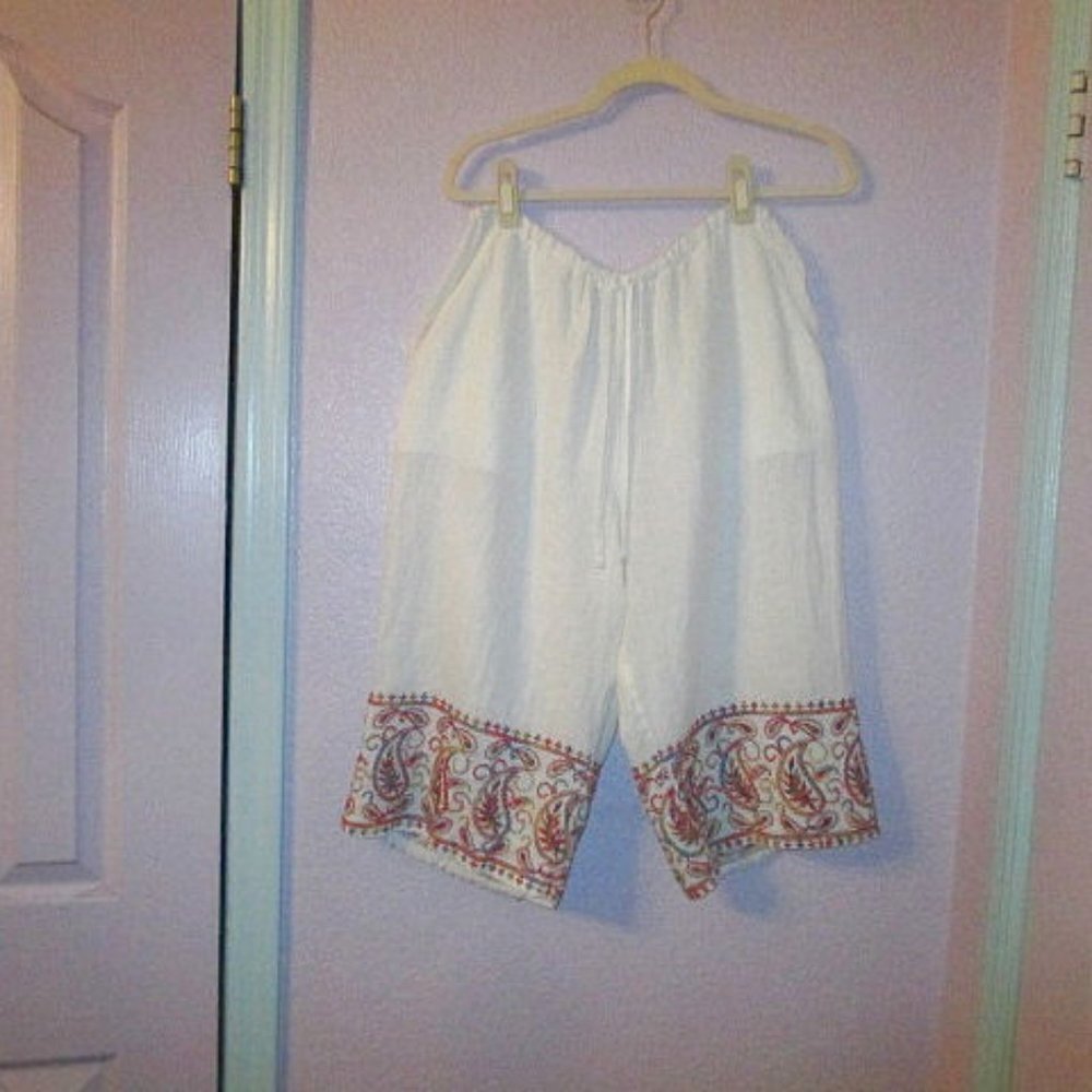 Vtg White Linen Pull On Pants Size M Embroidered Lined Wide Leg Capri High Rise